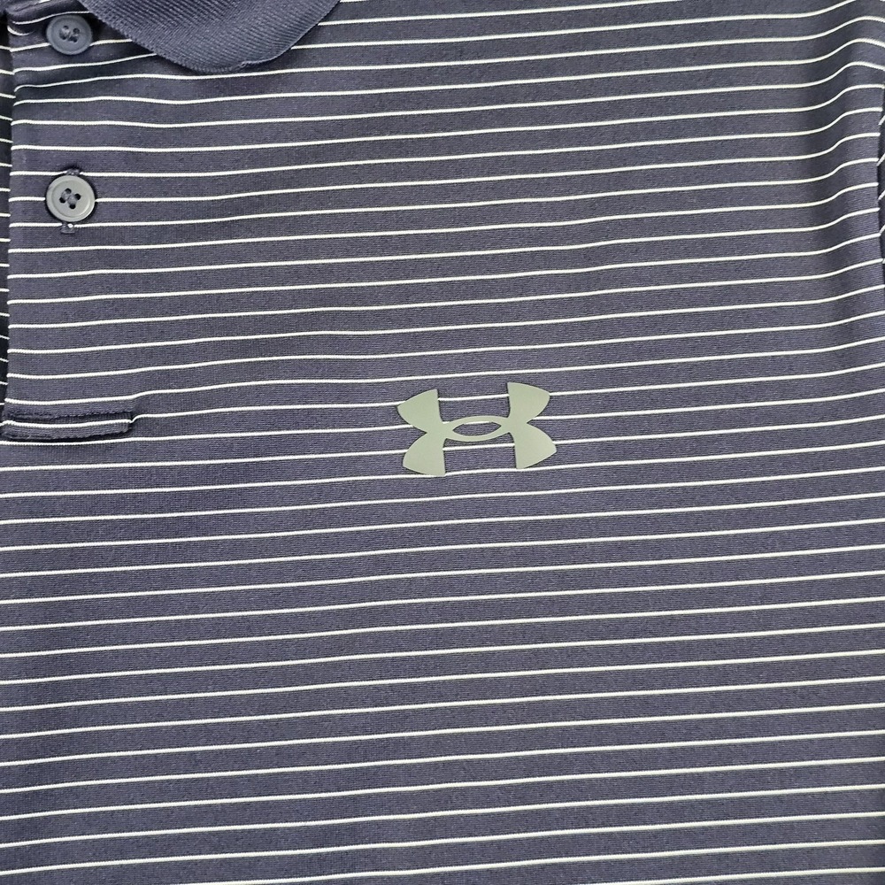 Under Armour The Performance Polo Shirt Mens Medium Navy White Stripe Golf Loose - Picture 4 of 10